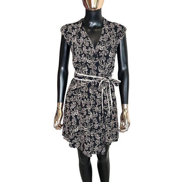 Maeve For Anthropologie Black Elephant Print Faux Wrap Dress XXS/P - Picture 2 of 12
